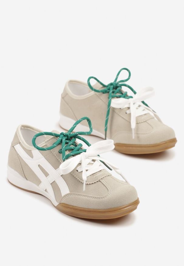Renee - Beżowe Sneakersy Ozdobione Geometrycznym Wzorem i Podwójnym Sznurowaniem Hirozi. Okazja: na co dzień. Zapięcie: sznurówki. Kolor: beżowy. Materiał: jeans. Wzór: aplikacja, geometria