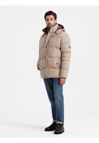 Ombre Clothing - Męska kurtka puffer z podszewką w kratę – beżowa V2 - Rozmiar: XL. Kolor: beżowy. Materiał: guma, poliester, materiał, bawełna, syntetyk, nylon. Długość: długie. Wzór: aplikacja #8