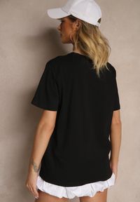 Renee - Czarny Bawełniany T-shirt z Ozdobnym Nadrukiem i Cyrkoniami Teomala. Kolor: czarny. Materiał: bawełna. Wzór: nadruk. Styl: klasyczny, elegancki #5