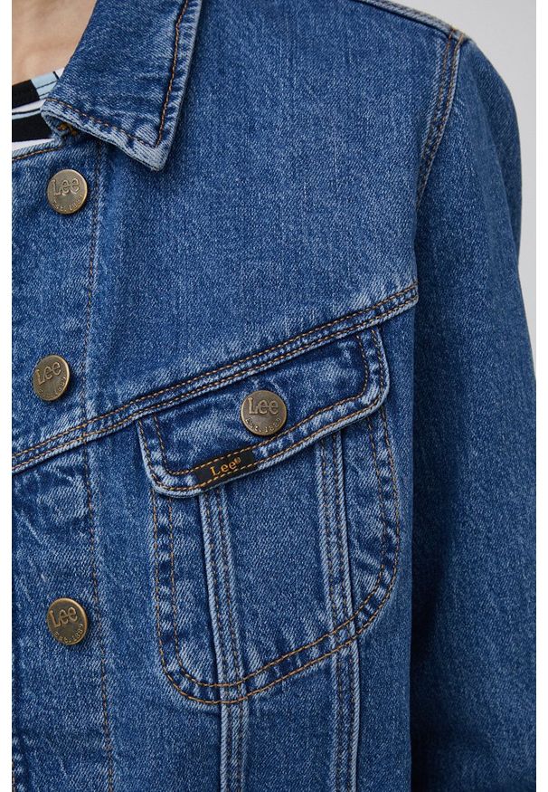 Lee kurtka jeansowa damska przejściowa. Okazja: na co dzień. Kolor: niebieski. Materiał: jeans. Styl: casual