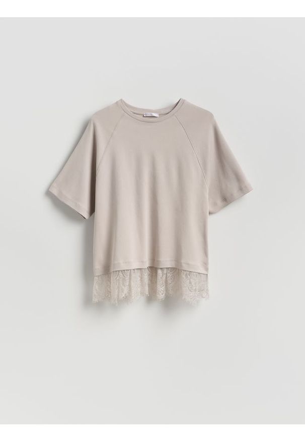 Reserved - T-shirt z koronką - beżowy. Kolor: beżowy. Materiał: koronka. Wzór: koronka