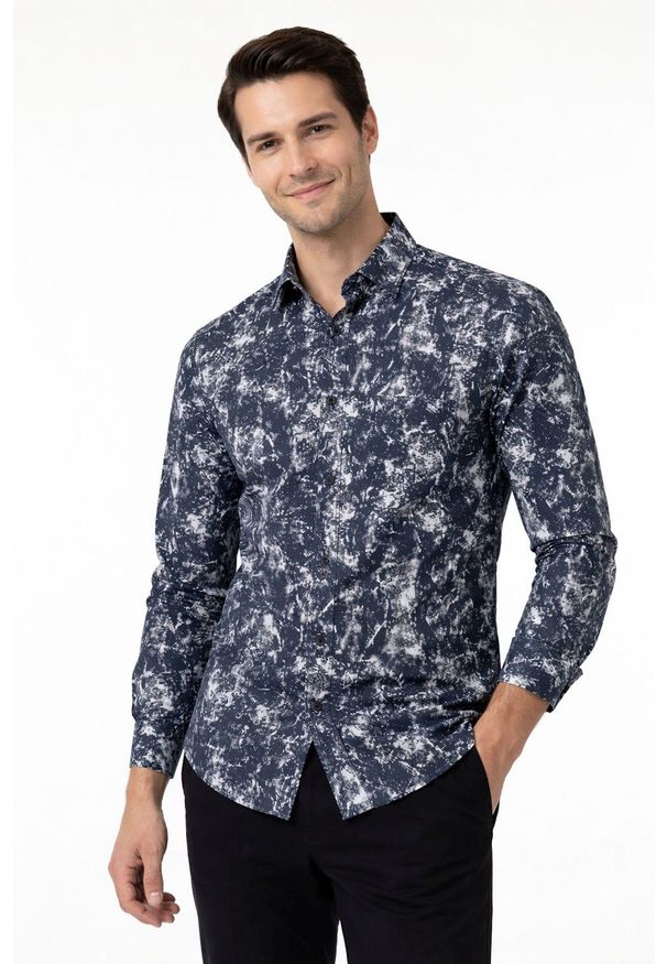 Męska Koszula, Długi Rękaw, Prosty Krój - Rigon - Granat. Kolor: niebieski. Materiał: elastan, bawełna. Długość rękawa: długi rękaw. Długość: długie. Styl: klasyczny, wizytowy