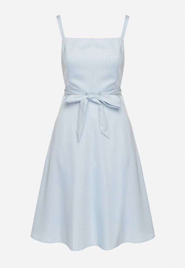 Born2be - Niebieska Sukienka z Wiskozą ze Wzorem Pasków Dolereia. Okazja: na co dzień. Kolor: niebieski. Materiał: wiskoza. Długość rękawa: na ramiączkach. Styl: casual, klasyczny. Długość: midi