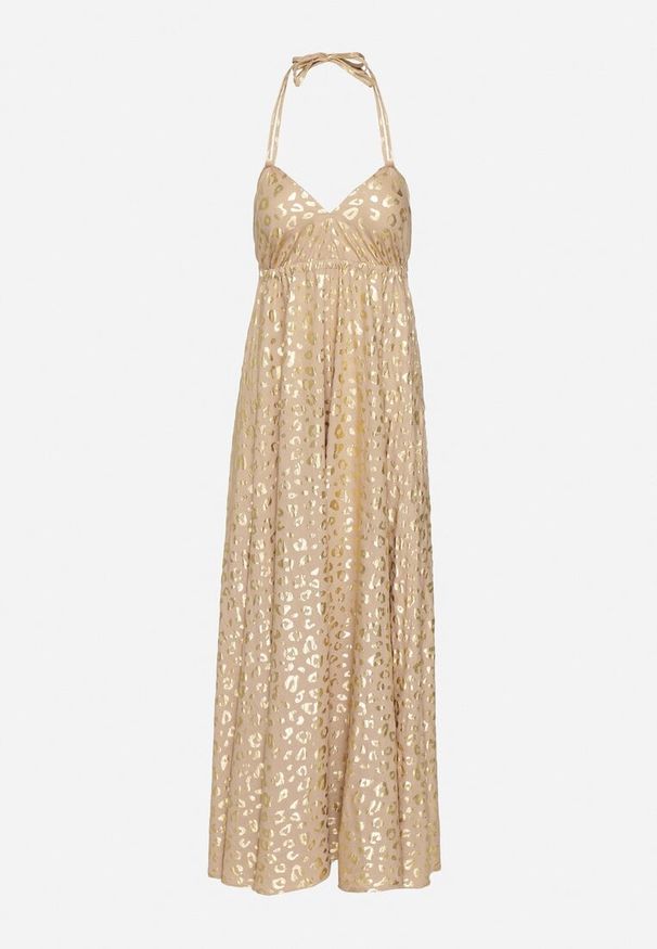 Born2be - Beżowa Sukienka z Wiskozy z Odkrytymi Plecami i Metalicznym Nadrukiem w Panterkę Linadea. Typ kołnierza: dekolt w serek. Kolor: beżowy. Materiał: wiskoza. Wzór: motyw zwierzęcy, nadruk. Typ sukienki: rozkloszowane