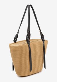 Born2be - Ciemnobeżowa Bawełniana Torebka Shopper z Szydełkowym Wzorem Luniatena. Kolor: beżowy. Styl: klasyczny, elegancki, casual