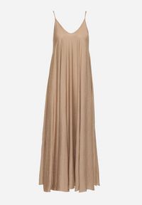 Born2be - Ciemnobeżowa Rozkloszowana Sukienka z Wiskozy z Cyrkoniami Ellitana. Okazja: na co dzień. Kolor: beżowy. Materiał: wiskoza. Sezon: lato. Styl: elegancki, casual, klasyczny #6