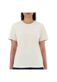Koszulka damska New Balance WT41509LIN - beżowa. Kolor: beżowy. Materiał: bawełna, materiał. Długość rękawa: krótki rękaw. Długość: krótkie. Wzór: napisy #1