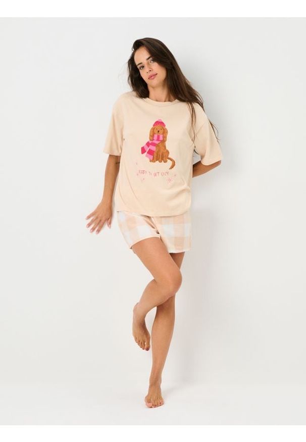Sinsay - Bawełniana piżama dwuczęściowa z nadrukiem - kremowy. Kolor: kremowy. Materiał: bawełna. Wzór: nadruk