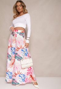 Renee - Biało-Różowe Wiskozowe Spodnie High Waist w Kolorowe Liście o Szerokim Fasonie Indiala. Stan: podwyższony. Kolor: biały. Materiał: wiskoza. Wzór: kolorowy #4