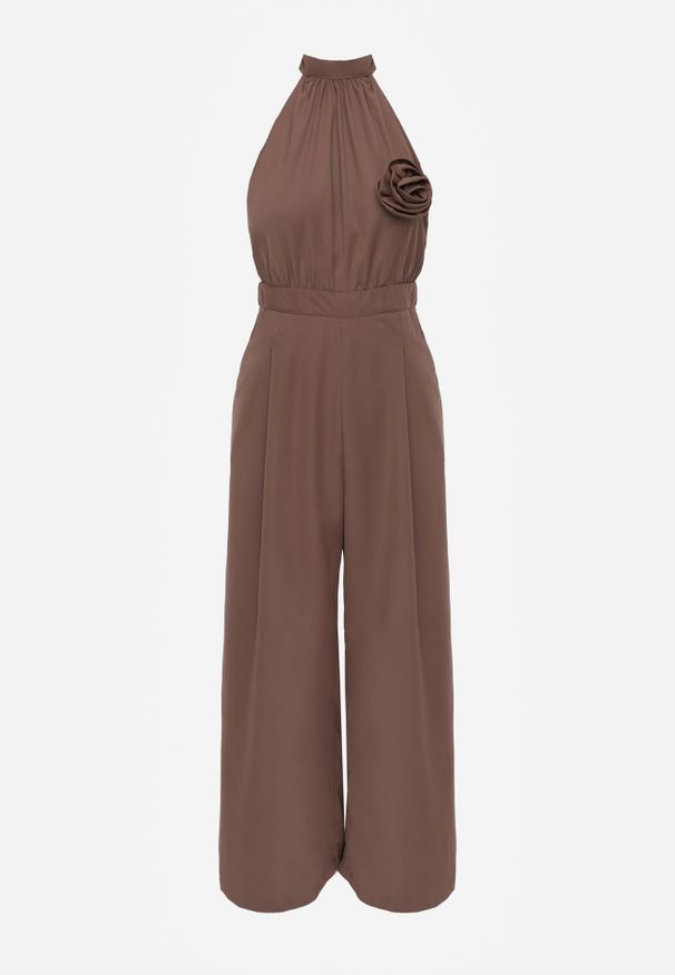 Renee - Brązowy Elegancki Kombinezon z Górą Halter Ozdobioną Różą 3D Dephousa. Kolor: brązowy. Wzór: aplikacja. Styl: elegancki