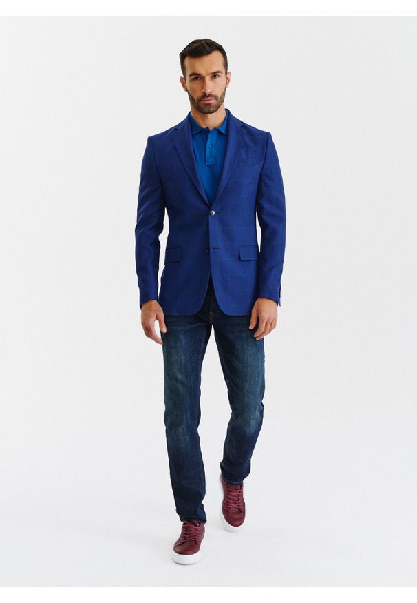 Pako Lorente - PAKO LORENTE – Granatowa casualowa marynarka męska w zieloną kratę. Okazja: na co dzień. Kolor: niebieski, wielokolorowy, zielony. Materiał: wełna, len. Sezon: lato. Styl: casual