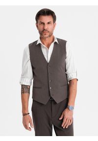 Ombre Clothing - Męska elegancka kamizelka w jodełkę SLIM FIT - grafitowa V2 - Rozmiar: M. Okazja: na spotkanie biznesowe, do pracy, na co dzień. Typ kołnierza: golf. Kolor: szary. Materiał: tkanina, wiskoza, poliester, materiał, elastan. Wzór: jodełka. Styl: elegancki