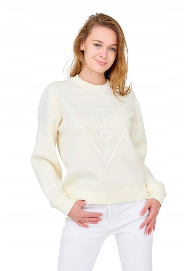 Guess - GUESS Damska bluza w kolorze ecru z dużym logo. Kolor: biały. Materiał: wiskoza