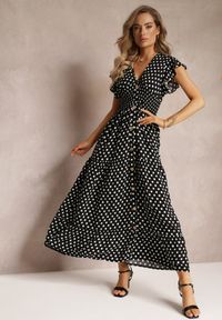 Renee - Czarna Rozkloszowana Sukienka Maxi w Kropki z Gumką w Talii Janey. Okazja: na co dzień, na imprezę. Kolor: czarny. Wzór: kropki. Styl: casual. Długość: maxi #5