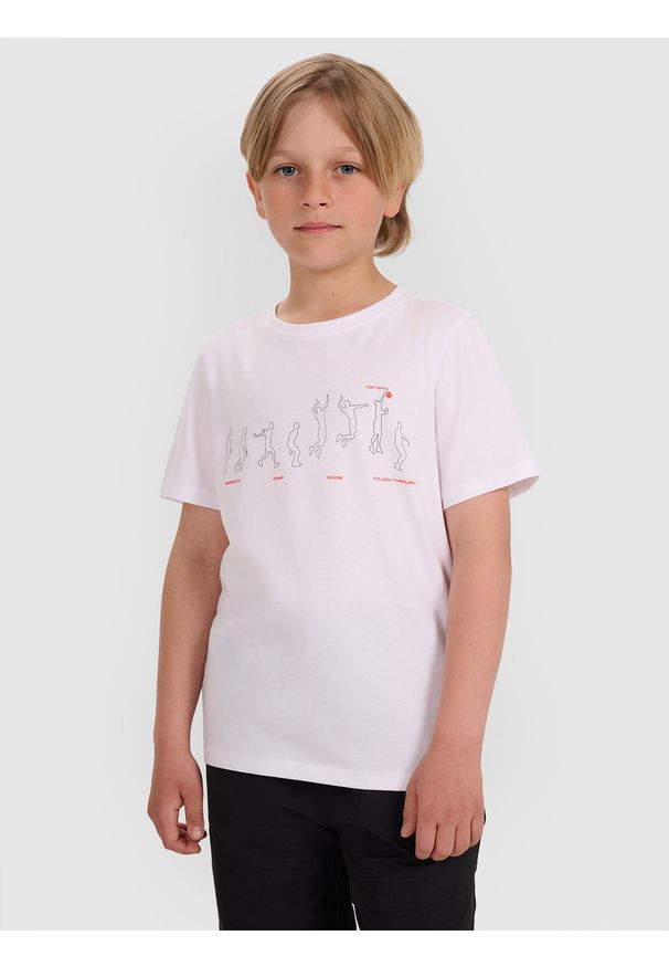 4f - 4F T-shirt regular z nadrukiem chłopięcy - biały 140 (9-10 lat). Okazja: na co dzień. Kolor: biały. Materiał: jersey, materiał, bawełna. Długość rękawa: krótki rękaw. Długość: krótkie. Wzór: nadruk. Sezon: lato. Styl: casual, klasyczny, sportowy