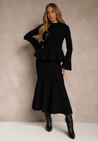 Renee - Czarny Komplet z Dzianiny z Wiskozą Spódnica i Sweter z Baskinką i Cyrkoniami Nereza. Kolor: czarny. Materiał: dzianina, wiskoza. Wzór: aplikacja #1