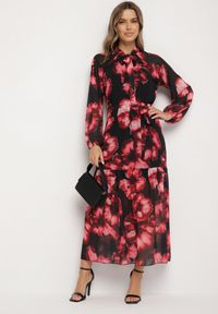 Born2be - Czarna Pudełkowa Sukienka w Kwiaty z Paskiem Nifle. Okazja: na co dzień. Kolor: czarny. Materiał: skóra. Wzór: kwiaty. Styl: elegancki, casual #4