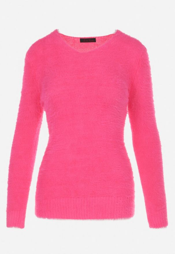 Born2be - Fuksjowy Sweter Wełniany Panaris. Typ kołnierza: dekolt w serek. Kolekcja: plus size. Kolor: różowy. Materiał: wełna. Styl: klasyczny
