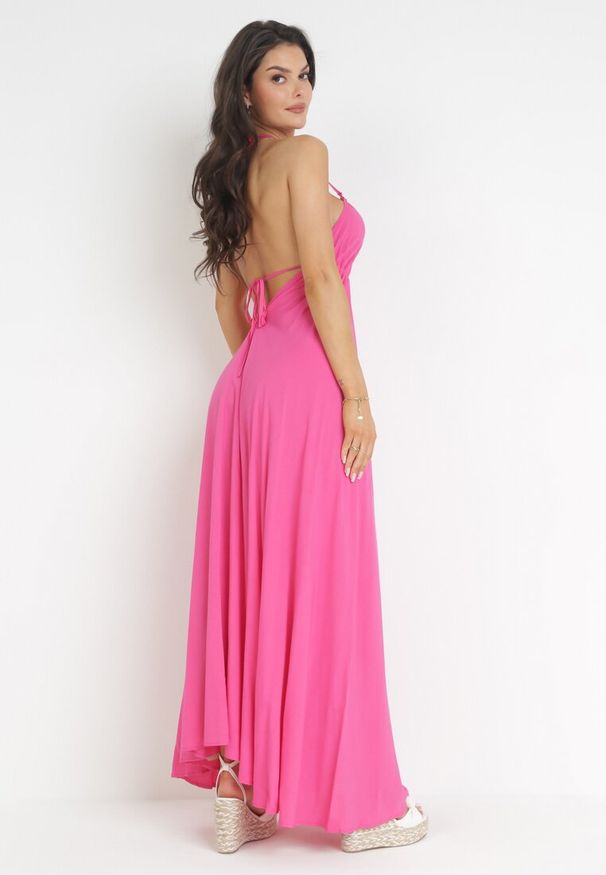 Born2be - Fuksjowa Rozkloszowana Sukienka Maxi z Wiązaniem na Szyi Cathenia. Kolor: różowy. Długość: maxi