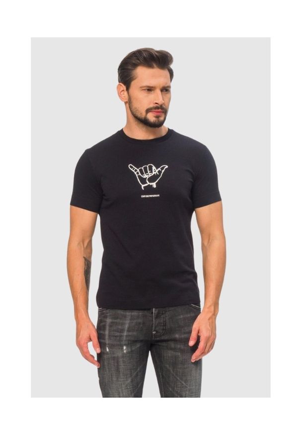 Emporio Armani - EMPORIO ARMANI Granatowy t-shirt męski z białym printem, Rozmiar XXL. Kolor: niebieski. Materiał: prążkowany. Wzór: nadruk
