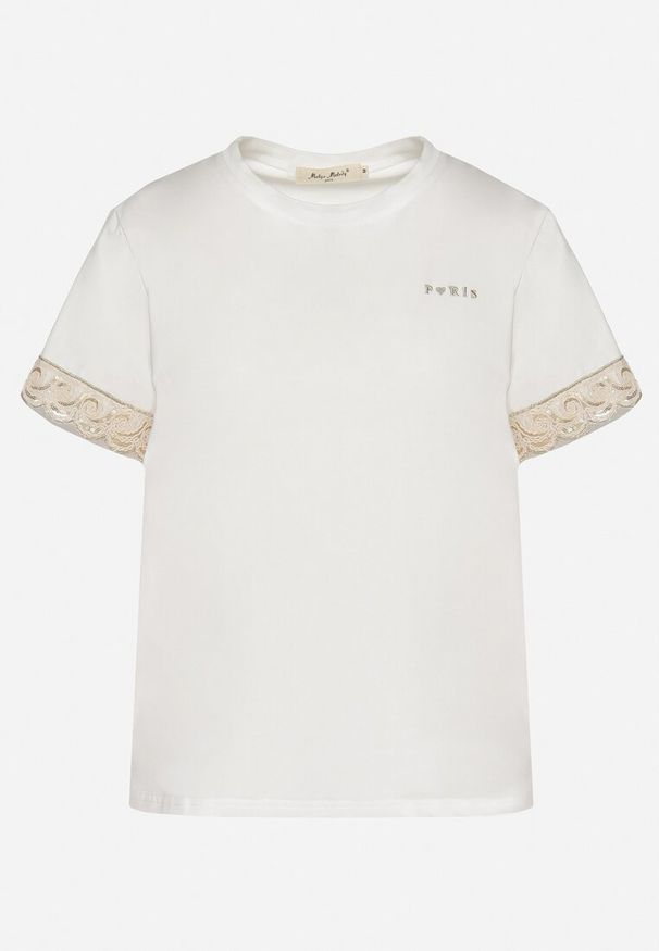 Born2be - Biały T-shirt z Bawełny Zdobiony Koronką z Cekinami Pollea. Okazja: na co dzień. Kolor: biały. Materiał: koronka, bawełna. Długość rękawa: krótki rękaw. Długość: krótkie. Wzór: koronka, aplikacja. Styl: klasyczny, casual