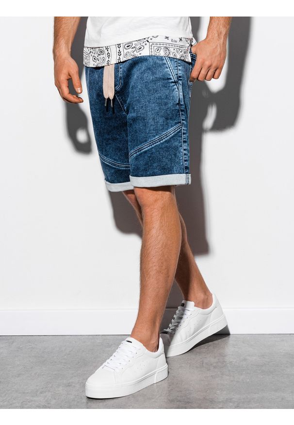 Ombre Clothing - Krótkie spodenki męskie jeansowe W219 - ciemny jeans - XXL. Materiał: jeans. Długość: krótkie. Wzór: aplikacja