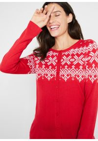 Sweter rozpinany z szerokimi rękawami, w norweski wzór bonprix czerwono-biały. Kolor: czerwony. Materiał: materiał, akryl #4