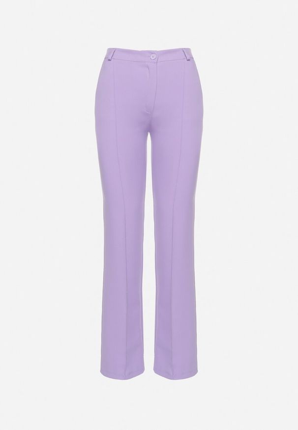 Born2be - Fioletowe Garniturowe Spodnie z Wysokim Stanem i Szerokimi Nogawkami Abigaille. Okazja: na co dzień. Stan: podwyższony. Kolor: fioletowy. Materiał: tkanina. Wzór: gładki. Styl: elegancki, casual, klasyczny