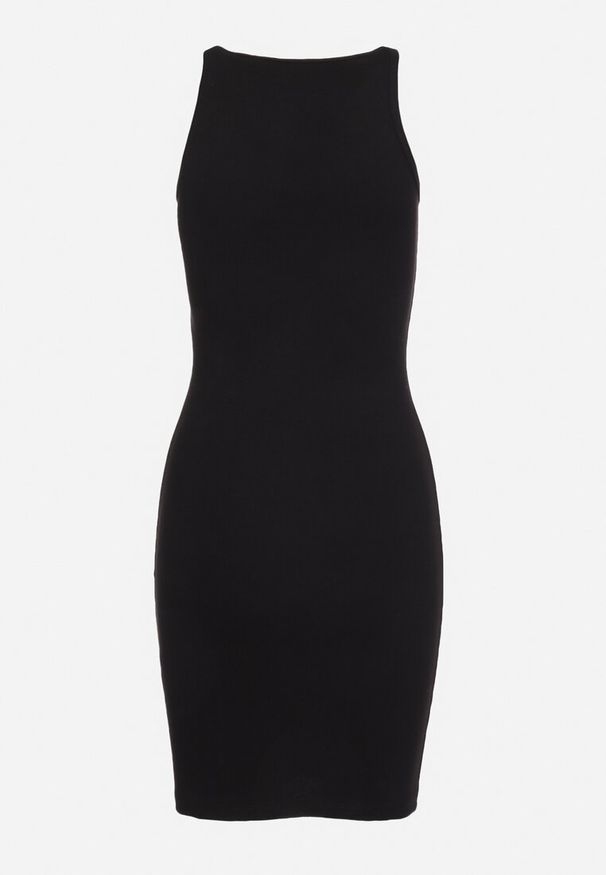 Born2be - Czarna Taliowana Sukienka z Bawełny na Ramiączkach z Metalowym Elementem przy Dekolcie Vikimirra. Okazja: na co dzień, do pracy. Kolor: czarny. Materiał: bawełna. Długość rękawa: na ramiączkach. Typ sukienki: proste. Styl: casual, elegancki