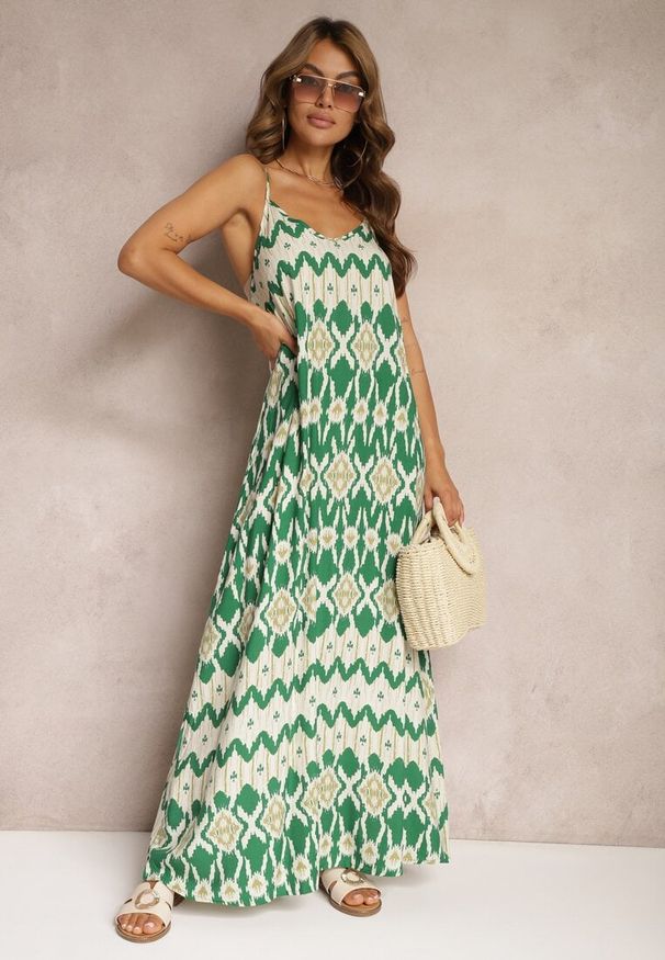 Renee - Zielona Sukienka z Wiskozy na Ramiączkach o Rozkloszowanym Kroju i Geometrycznym Wzorze Xervidia. Okazja: na co dzień. Kolor: zielony. Materiał: wiskoza. Długość rękawa: na ramiączkach. Wzór: geometria. Sezon: wiosna, lato. Typ sukienki: rozkloszowane. Styl: casual