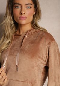 Renee - Ciemnobeżowy Komplet Dresowy z Dodatkiem Bawełny Spodnie z Gumką w Pasie Bluza z Kapturem Reseria. Kolor: beżowy. Materiał: bawełna, dresówka