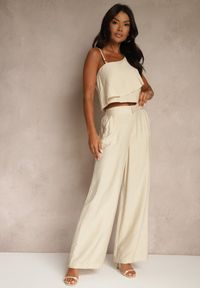 Renee - Beżowy Komplet z Wiskozą Top z Falbanką na Jedno Ramię i Spodnie Wide Leg Nirellea. Kolor: beżowy. Materiał: wiskoza