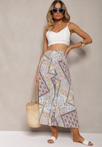 Renee - Beżowo-Niebieskie Szerokie Spodnie Culottes z Mozaikowym Wzorem i Gumką w Pasie Mizina. Kolor: beżowy. Materiał: wiskoza. Sezon: lato. Styl: boho #4