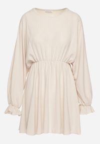 Born2be - Jasnobeżowa Sukienka o Rozkloszowanym Kroju z Ozdobnymi Mankietami Terellea. Okazja: na co dzień. Kolor: beżowy. Materiał: jeans. Długość rękawa: długi rękaw. Styl: klasyczny, casual, elegancki #6