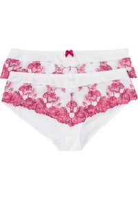 bonprix - "Figi ""panty"" (2 pary) z poliamidu z recyklingu". Kolor: biały. Materiał: poliamid. Wzór: kwiaty, aplikacja, haft, gładki