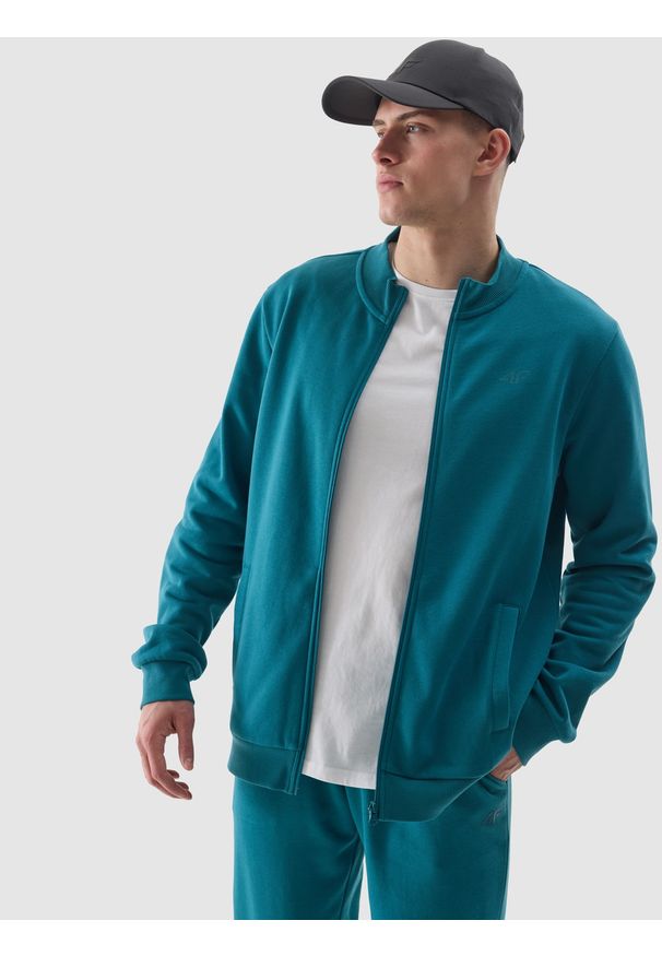 4f - 4F Bluza dresowa rozpinana bez kaptura męska - turkusowa L. Okazja: na co dzień. Typ kołnierza: bez kaptura. Kolor: turkusowy. Materiał: dresówka. Wzór: gładki, ze splotem. Styl: casual, sportowy