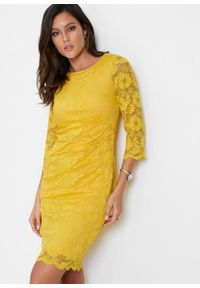 Sukienka koronkowa shape z ozdobnym marszczeniem bonprix żółty kanarkowy. Kolor: żółty. Materiał: koronka #5