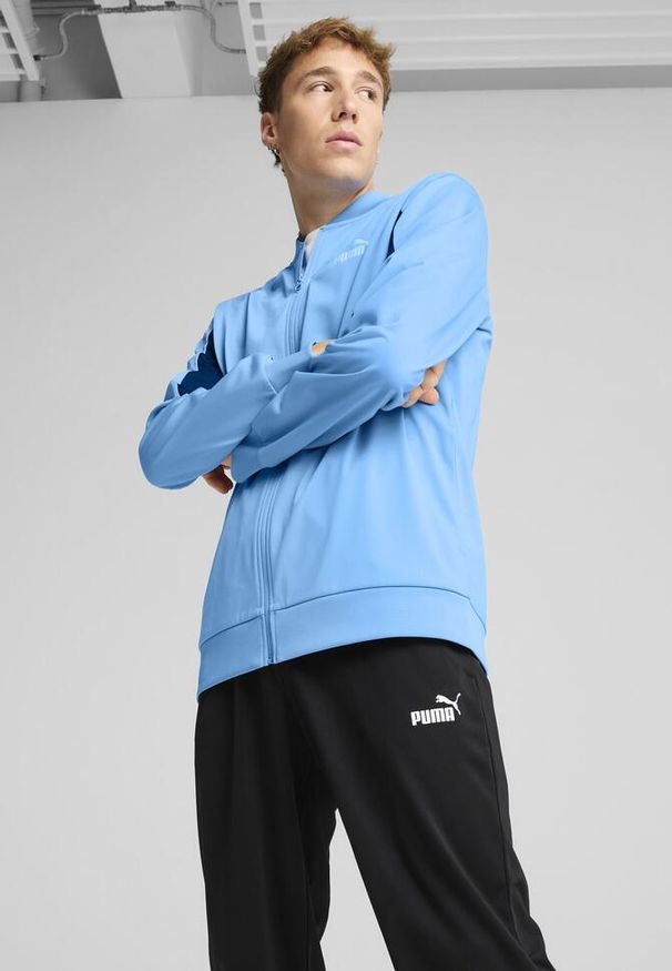 Puma - Męski dres inspirowany koszykówką z poliestru PUMA Team Light Blue. Kolor: niebieski. Materiał: dresówka, poliester. Sport: koszykówka