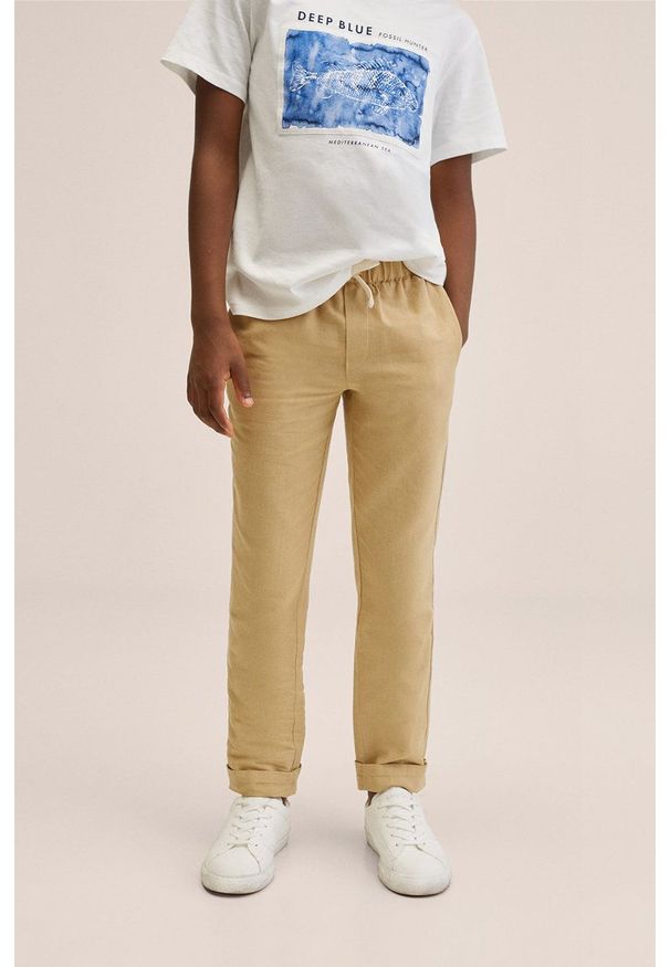 Mango Kids spodnie dziecięce Linus kolor brązowy gładkie. Okazja: na co dzień. Kolor: brązowy. Materiał: włókno. Wzór: gładki. Styl: casual