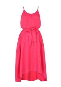 DRYWASH - Sukienka midi na cienkich ramiączkach z wiązaniem w pasie. Kolor: różowy. Długość rękawa: na ramiączkach. Sezon: lato. Styl: wakacyjny. Długość: midi