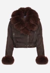 Born2be - Brązowa Ocieplana Kurtka Ramoneska z Futrem przy Kołnierzu i Rękawach Mevesala. Kolor: brązowy. Materiał: futro. Długość: krótkie #7