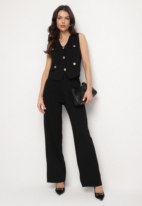 Born2be - Czarny Komplet z Wiskozą w Eleganckim Stylu Kamizelka i Szerokie Spodnie Koririnea. Kolor: czarny. Materiał: wiskoza. Wzór: aplikacja