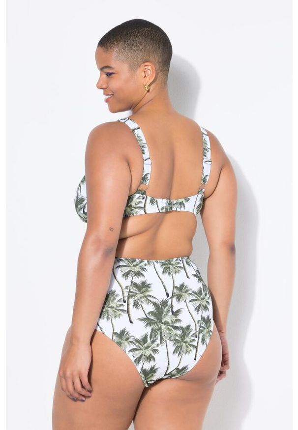 ULLA POPKEN - Damski Top od bikini miękkie miseczki nadruk z palmami. Kolekcja: plus size. Kolor: biały. Materiał: poliester, elastan, poliamid, materiał. Wzór: nadruk