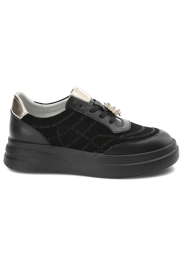 Czarne Sneakersy Artiker Modne Obuwie Damskie Z Misiem. Okazja: na co dzień. Kolor: czarny. Materiał: zamsz, skóra. Styl: klasyczny, casual