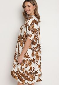 Born2be - Brązowa Sukienka z Lnem i Wiskozą Ozdobiona Cyrkoniami Sadelune. Okazja: na co dzień. Typ kołnierza: dekolt w serek. Kolor: brązowy. Materiał: wiskoza, len. Wzór: aplikacja. Styl: casual, elegancki, klasyczny #3