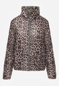 Renee - Zielona Pikowana Kurtka Dwustronna z Motywem Panterki i Naszywką Damike. Kolor: zielony. Wzór: motyw zwierzęcy, aplikacja. Sezon: wiosna #3