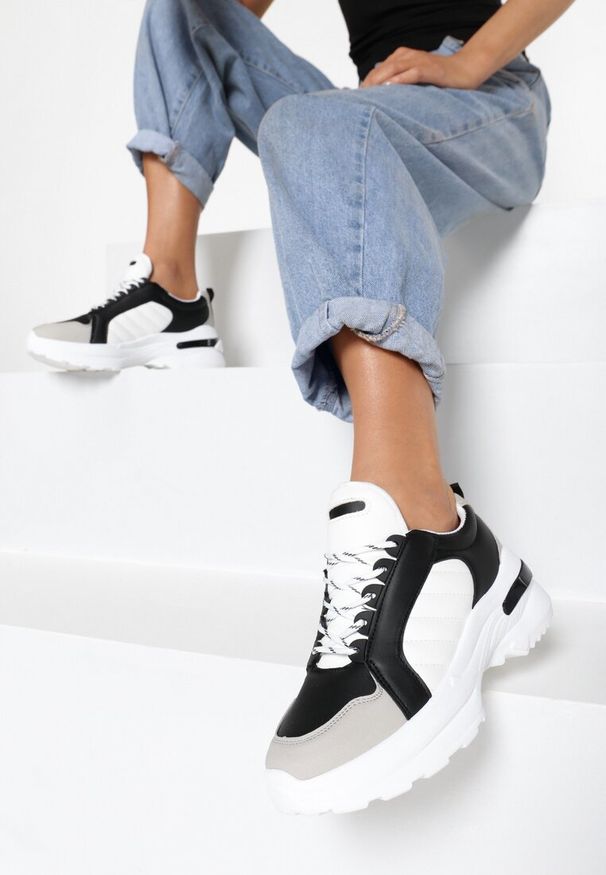 Born2be - Biało-Czarne Sneakersy Hyneh. Wysokość cholewki: przed kostkę. Nosek buta: okrągły. Kolor: czarny. Materiał: dresówka. Szerokość cholewki: normalna