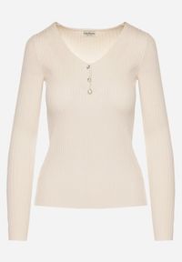 Born2be - Jasnobeżowy Prążkowany Sweter z Dekoltem w Serek z Biżuteryjnymi Aplikacjami Ralinasa. Okazja: na co dzień. Typ kołnierza: dekolt w serek. Kolor: beżowy. Materiał: prążkowany. Wzór: aplikacja. Styl: casual #5