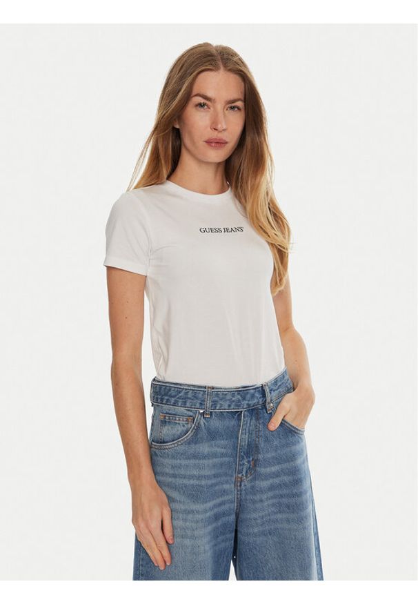 Guess Jeans T-Shirt W4YI01 J1314 Biały Slim Fit. Kolor: biały. Materiał: bawełna