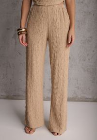 Renee - Beżowy Komplet Spodnie Wide Leg i Top ze Stójką i Drapowaniem w Talii Meridone. Kolor: beżowy. Materiał: materiał #4